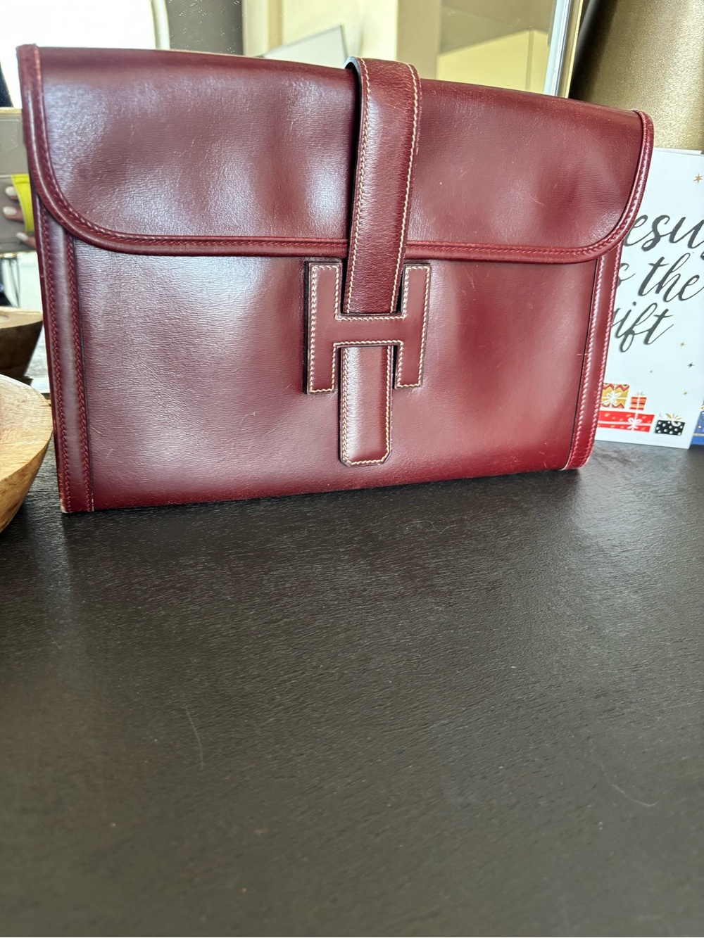 Hermes jige Burgundy Leather H-Strap Clutch